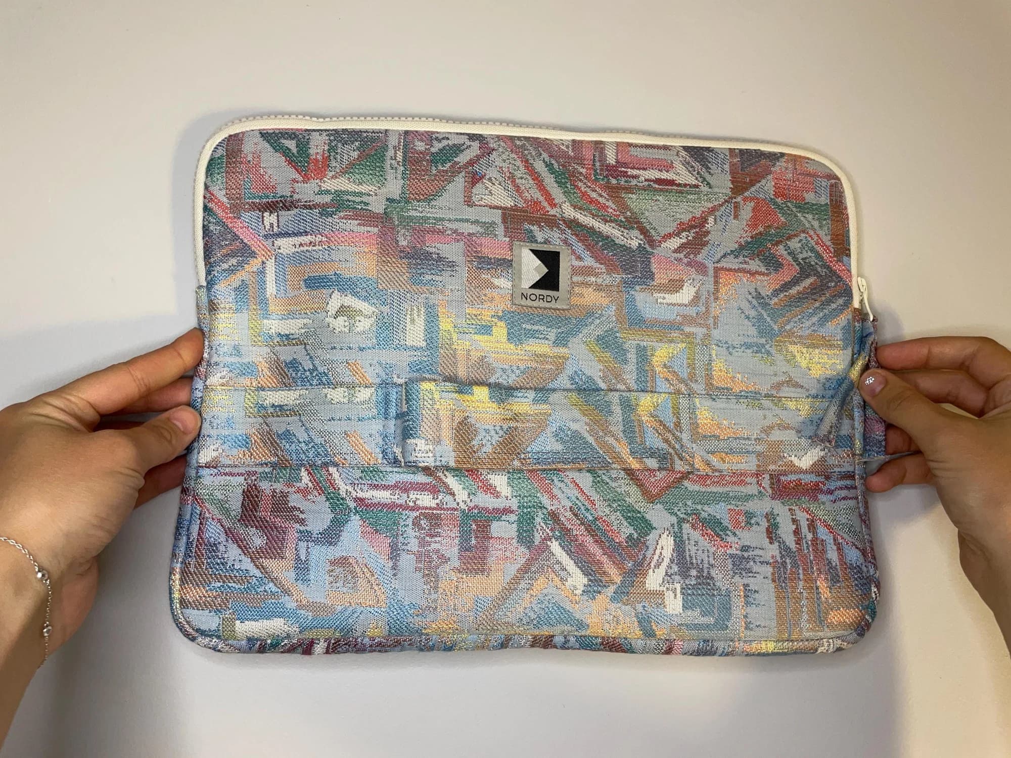 Upcycled vintage jacquard laptop sleeve – front view